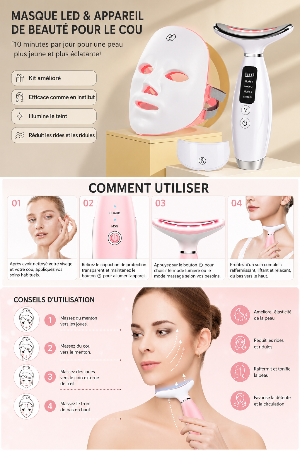 Duo Beauté Visage – Masque LED + Masseur 3-en-1